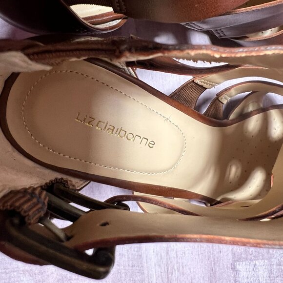 Liz Claiborne Brown Strappy Open-Toe Heels With Back Zipper Closure 7M - Picture 13 of 13